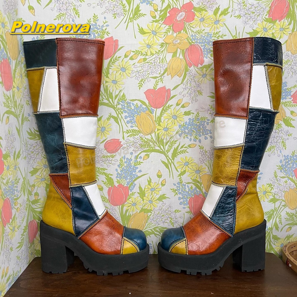 Vintage Fashion Y2K - Women Retro Patchwork Leather Knee High