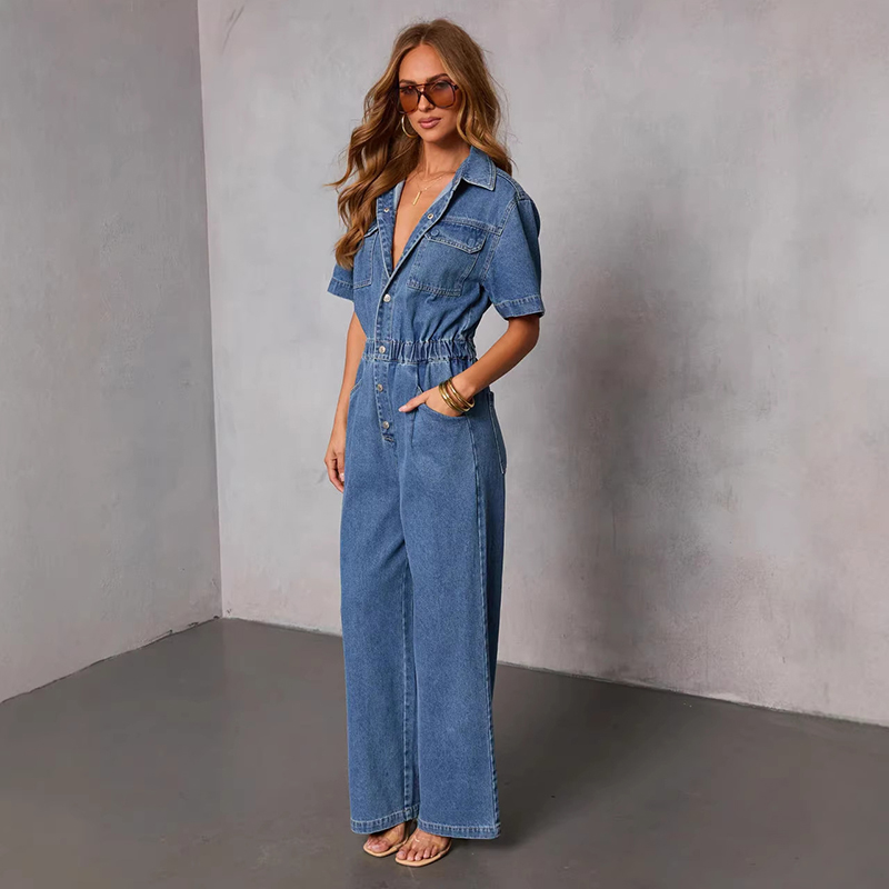 Vintage Fashion Trends - Retro Fashion Short Sleeve Denim Jumpsuits