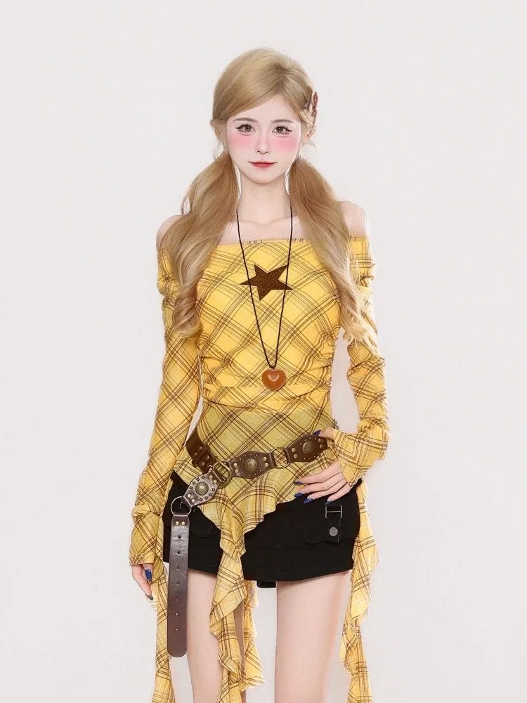 Y2K Plaid Slash Neck Vintage T - Vintage Fashion Aesthetic 评论和价格