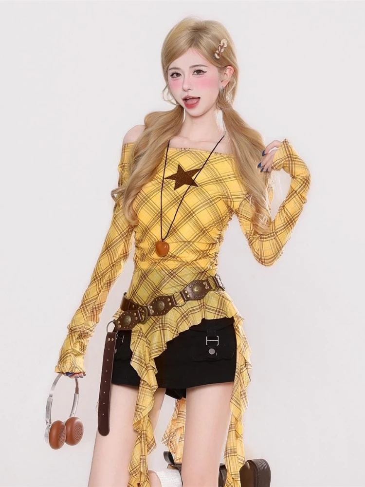 Y2K Plaid Slash Neck Vintage T - Vintage Fashion Aesthetic 评论和价格