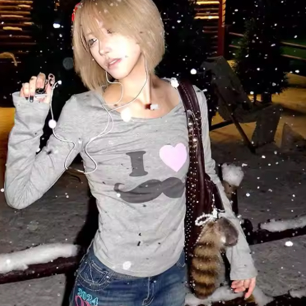 Japanese Y2K Beard Print T-Shi - Vintage Victorian Fashion 评论和价格